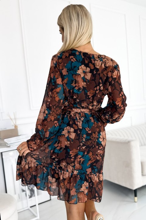 Sukienka Model 517-2 Brown/Blue Flowers - Numoco Sukienka Model 517-2 Brown/Blue Flowers - Numoco