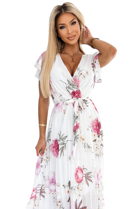 434-6 LISA Plisowana sukienka midi z dekoltem i falbankami - wiosenne kwiaty na białym tle Numoco basic 434-6 LISA Plisowana sukienka midi z dekoltem i falbankami - wiosenne kwiaty na białym tle Numoco basic