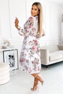 449-1 CARLA Plisowana sukienka midi z guziczkami i długim rękawkiem - Pomarańczowe RÓŻE NA BIAŁYM TLE Numoco basic