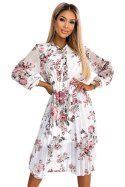 449-1 CARLA Plisowana sukienka midi z guziczkami i długim rękawkiem - Pomarańczowe RÓŻE NA BIAŁYM TLE Numoco basic
