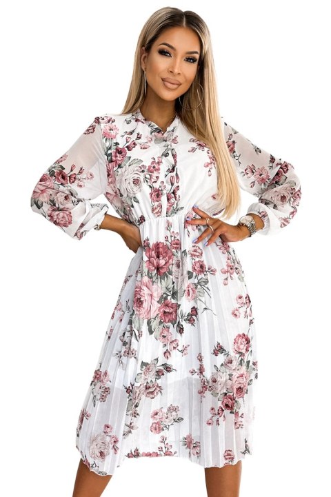 449-1 CARLA Plisowana sukienka midi z guziczkami i długim rękawkiem - Pomarańczowe RÓŻE NA BIAŁYM TLE Numoco basic 449-1 CARLA Plisowana sukienka midi z guziczkami i długim rękawkiem - Pomarańczowe RÓŻE NA BIAŁYM TLE Numoco basic