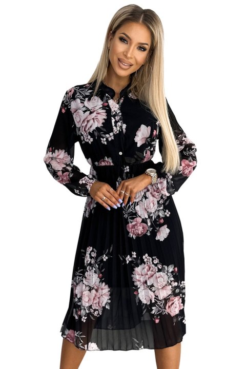 449-3 CARLA Plisowana sukienka midi z guziczkami i długim rękawkiem - RÓŻE na czarnym tle Numoco basic 449-3 CARLA Plisowana sukienka midi z guziczkami i długim rękawkiem - RÓŻE na czarnym tle Numoco basic