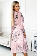 449-4 CARLA Plisowana sukienka midi z guziczkami i długim rękawkiem - RÓŻE na tle pastelowego różu Numoco basic