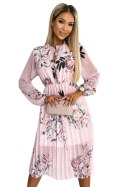 449-4 CARLA Plisowana sukienka midi z guziczkami i długim rękawkiem - RÓŻE na tle pastelowego różu Numoco basic