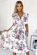 466-1 GABRIELLA sukienka z falbanką, dekoltem i wiązaniem - BIAŁA W BORDOWE RÓŻE Numoco basic