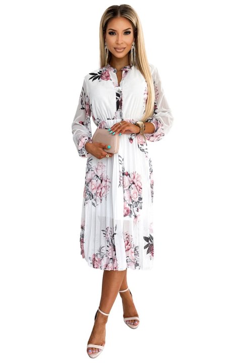 449-6 CARLA Plisowana sukienka midi z guziczkami i długim rękawkiem - RÓŻE na białym tle Numoco basic 449-6 CARLA Plisowana sukienka midi z guziczkami i długim rękawkiem - RÓŻE na białym tle Numoco basic