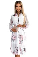 449-6 CARLA Plisowana sukienka midi z guziczkami i długim rękawkiem - RÓŻE na białym tle Numoco basic