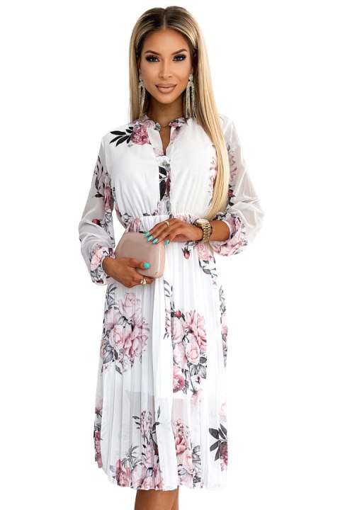 449-6 CARLA Plisowana sukienka midi z guziczkami i długim rękawkiem - RÓŻE na białym tle Numoco basic 449-6 CARLA Plisowana sukienka midi z guziczkami i długim rękawkiem - RÓŻE na białym tle Numoco basic