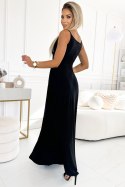 299-18 CHIARA elegancka maxi długa suknia na ramiączkach - CZARNA Z BROKATEM Numoco