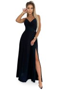 299-18 CHIARA elegancka maxi długa suknia na ramiączkach - CZARNA Z BROKATEM Numoco