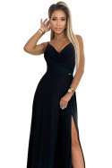 299-18 CHIARA elegancka maxi długa suknia na ramiączkach - CZARNA Z BROKATEM Numoco
