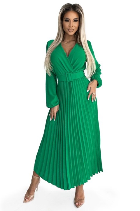 504-4 VIVIANA Plisowana sukienka midi z dekoltem, długim rękawkiem i szerokim paskiem - JASNA ZIELEŃ Numoco basic 504-4 VIVIANA Plisowana sukienka midi z dekoltem, długim rękawkiem i szerokim paskiem - JASNA ZIELEŃ Numoco basic