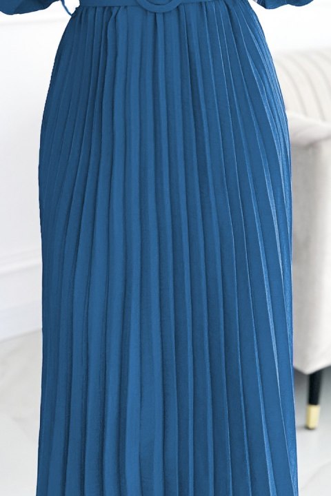 504-5 VIVIANA Plisowana sukienka midi z dekoltem, długim rękawkiem i szerokim paskiem - kolor JEANS Numoco basic 504-5 VIVIANA Plisowana sukienka midi z dekoltem, długim rękawkiem i szerokim paskiem - kolor JEANS Numoco basic