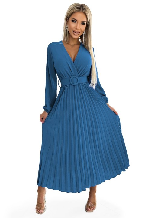 504-5 VIVIANA Plisowana sukienka midi z dekoltem, długim rękawkiem i szerokim paskiem - kolor JEANS Numoco basic 504-5 VIVIANA Plisowana sukienka midi z dekoltem, długim rękawkiem i szerokim paskiem - kolor JEANS Numoco basic