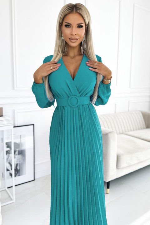 504-6 VIVIANA Plisowana sukienka midi z dekoltem, długim rękawkiem i szerokim paskiem - kolor MORSKI Numoco basic 504-6 VIVIANA Plisowana sukienka midi z dekoltem, długim rękawkiem i szerokim paskiem - kolor MORSKI Numoco basic