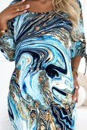 281-7 SOPHIE Wygodna sukienka z kieszeniami Oversize - NIEBIESKO-ZŁOTE FALE Numoco