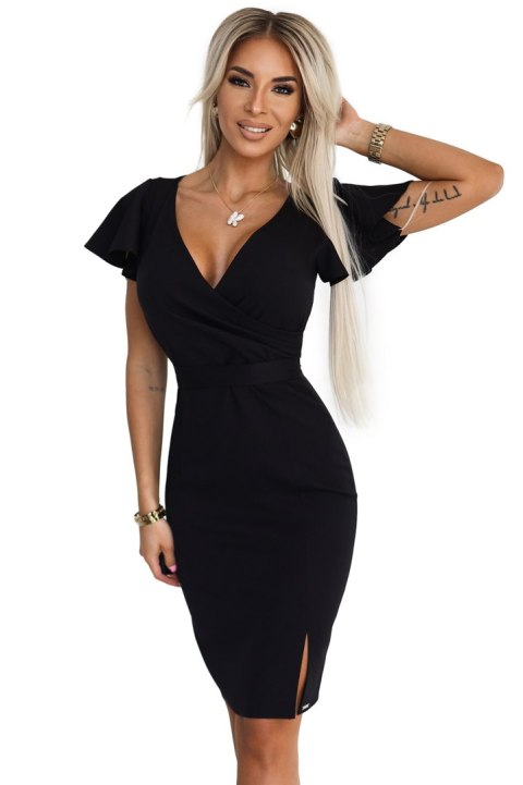 479-9 NINA elegancka sukienka z kopertowym dekoltem, rękawkiem i paskiem - CZARNA Numoco 479-9 NINA elegancka sukienka z kopertowym dekoltem, rękawkiem i paskiem - CZARNA Numoco