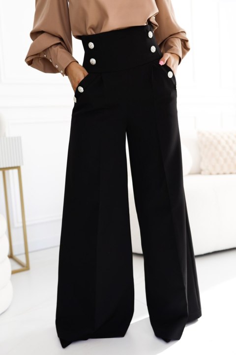 496-2 Eleganckie szerokie spodnie z kieszeniami, wysokim stanem i złotymi guzikami - CZARNE Numoco 496-2 Eleganckie szerokie spodnie z kieszeniami, wysokim stanem i złotymi guzikami - CZARNE Numoco