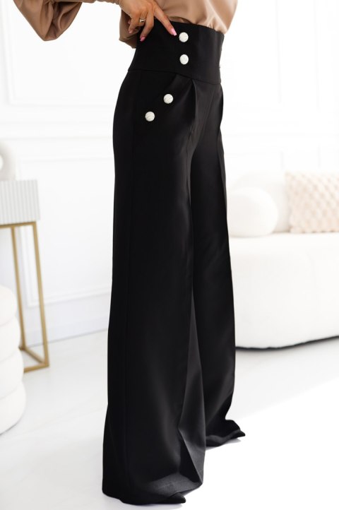 496-2 Eleganckie szerokie spodnie z kieszeniami, wysokim stanem i złotymi guzikami - CZARNE Numoco 496-2 Eleganckie szerokie spodnie z kieszeniami, wysokim stanem i złotymi guzikami - CZARNE Numoco