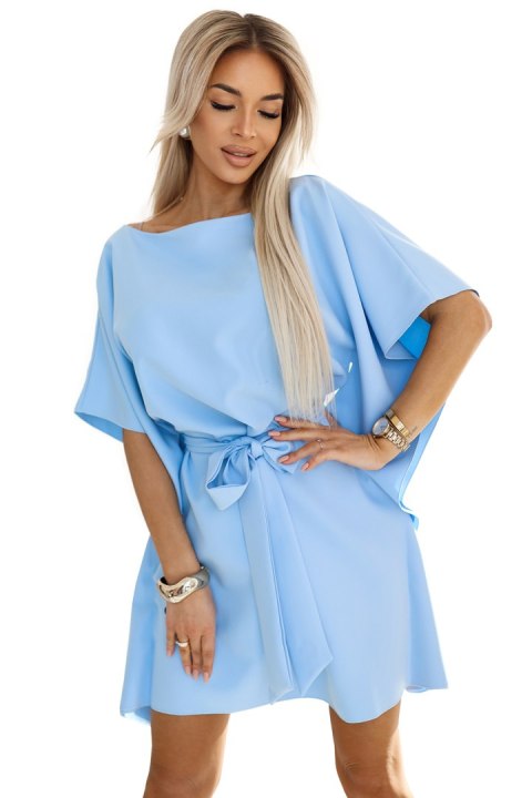 287-36 SOFIA Sukienka motyl z wiązaniem w pasie - pastelowy BŁĘKIT Numoco 287-36 SOFIA Sukienka motyl z wiązaniem w pasie - pastelowy BŁĘKIT Numoco