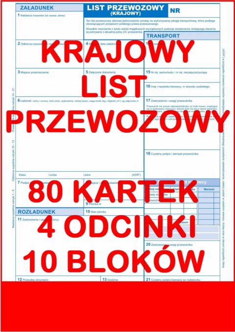 Krajowy List Przewozowy 80 kartek - 4 odcinki - 10 sztuk PAKO