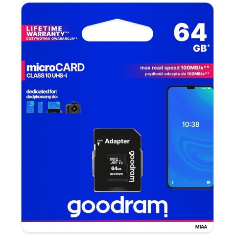 GOODRAM Karta Pamięci MicroSD 64GB CL10 UHS I + Adapter GOODRAM GOODRAM Karta Pamięci MicroSD 64GB CL10 UHS I + Adapter GOODRAM