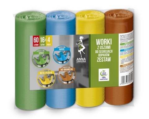 AZ Worki z uszami do segregacji odpadów ZESTAW 60L 4x16szt ANNA ZARADNA AZ Worki z uszami do segregacji odpadów ZESTAW 60L 4x16szt ANNA ZARADNA