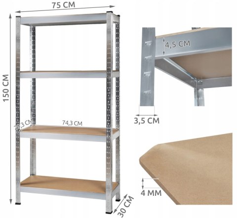 Regał magazynowy 150x75x30 cm - 4 Półki PAKO Regał magazynowy 150x75x30 cm - 4 Półki PAKO
