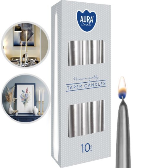 AURA Świece Stołowe Stożkowe Srebrne-Metalik 7h 10 szt. s30-271 AURA AURA Świece Stołowe Stożkowe Srebrne-Metalik 7h 10 szt. s30-271 AURA