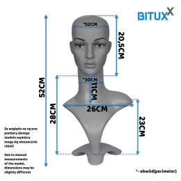 Manekin damska głowa ze stojakiem 52 cm do peruk nakryć głowy biżuterii Bituxx