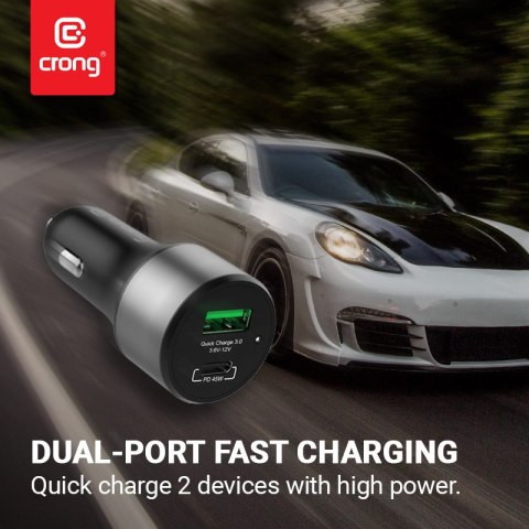 Crong Power Car Charger 63W - Ładowarka samochodowa USB-C PD 45W + USB QC 3.0 18W (czarny) Crong Crong Power Car Charger 63W - Ładowarka samochodowa USB-C PD 45W + USB QC 3.0 18W (czarny) Crong