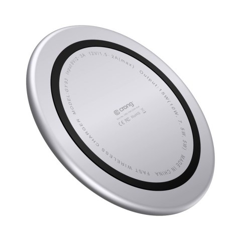 Crong PowerSpot Fast Wireless Charger - Aluminiowa ładowarka bezprzewodowa Qi 15W USB-C z powłoką ze szkła hartowanego (Silver W Crong Crong PowerSpot Fast Wireless Charger - Aluminiowa ładowarka bezprzewodowa Qi 15W USB-C z powłoką ze szkła hartowanego (Silver W Crong