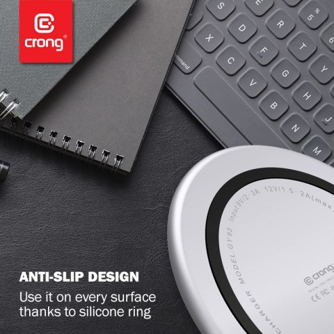 Crong PowerSpot Fast Wireless Charger - Aluminiowa ładowarka bezprzewodowa Qi 15W USB-C z powłoką ze szkła hartowanego (Silver W Crong Crong PowerSpot Fast Wireless Charger - Aluminiowa ładowarka bezprzewodowa Qi 15W USB-C z powłoką ze szkła hartowanego (Silver W Crong