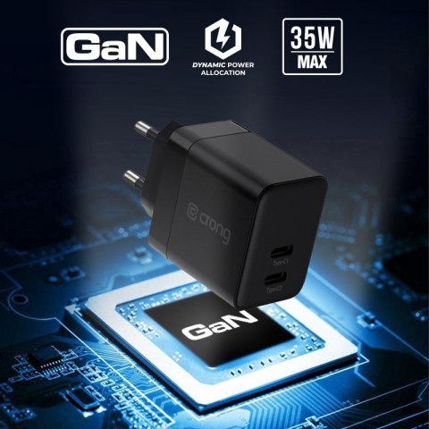 Crong Ultra Compact GaN - Ładowarka sieciowa 2x USB-C 35W PD 3.0 z PPS (czarny) Crong Crong Ultra Compact GaN - Ładowarka sieciowa 2x USB-C 35W PD 3.0 z PPS (czarny) Crong