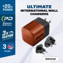Energizer Ultimate - Ładowarka sieciowa podróżna Multiplug EU / UK / US GaN USB-C 20W PD (Walnut burl) Energizer