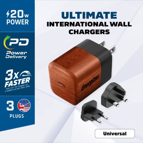 Energizer Ultimate - Ładowarka sieciowa podróżna Multiplug EU / UK / US GaN USB-C 20W PD (Walnut burl) Energizer Energizer Ultimate - Ładowarka sieciowa podróżna Multiplug EU / UK / US GaN USB-C 20W PD (Walnut burl) Energizer