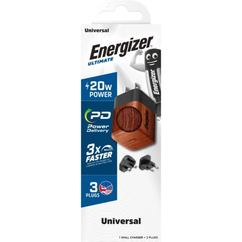 Energizer Ultimate - Ładowarka sieciowa podróżna Multiplug EU / UK / US GaN USB-C 20W PD (Walnut burl) Energizer Energizer Ultimate - Ładowarka sieciowa podróżna Multiplug EU / UK / US GaN USB-C 20W PD (Walnut burl) Energizer