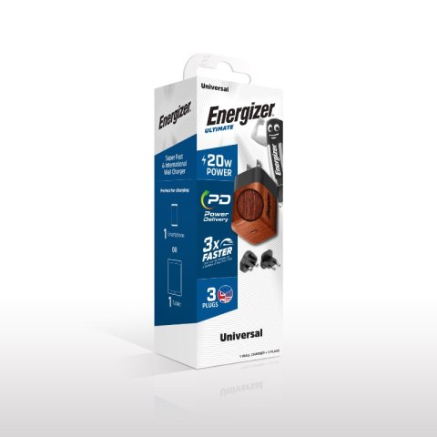 Energizer Ultimate - Ładowarka sieciowa podróżna Multiplug EU / UK / US GaN USB-C 20W PD (Walnut burl) Energizer Energizer Ultimate - Ładowarka sieciowa podróżna Multiplug EU / UK / US GaN USB-C 20W PD (Walnut burl) Energizer