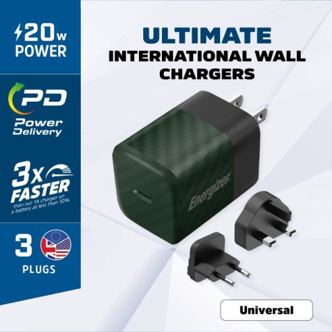 Energizer Ultimate - Ładowarka sieciowa podróżna Multiplug EU / UK / US GaN USB-C 20W PD (Zielony) Energizer Energizer Ultimate - Ładowarka sieciowa podróżna Multiplug EU / UK / US GaN USB-C 20W PD (Zielony) Energizer