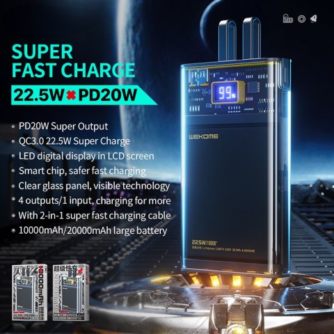 WEKOME WP-325 Vanguard Series - Power bank 20000 mAh Super Charging z wbudowanym kablem USB-C & Lightning PD 20W + QC 22.5W (Cza Wekome WEKOME WP-325 Vanguard Series - Power bank 20000 mAh Super Charging z wbudowanym kablem USB-C & Lightning PD 20W + QC 22.5W (Cza Wekome