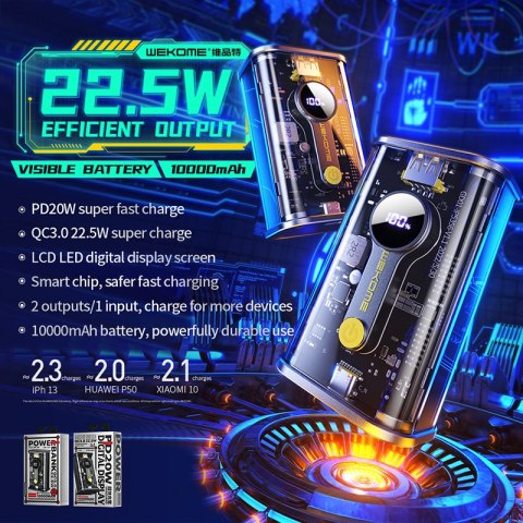 WEKOME WP-333 Vanguard Series - Power bank 10000 mAh Super Charging PD 20W + QC 22.5W (Czarny / Przezroczysty) Wekome WEKOME WP-333 Vanguard Series - Power bank 10000 mAh Super Charging PD 20W + QC 22.5W (Czarny / Przezroczysty) Wekome