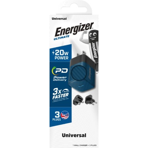 Energizer Ultimate - Ładowarka sieciowa podróżna Multiplug EU / UK / US GaN USB-C 20W PD (Niebieski) Energizer Energizer Ultimate - Ładowarka sieciowa podróżna Multiplug EU / UK / US GaN USB-C 20W PD (Niebieski) Energizer