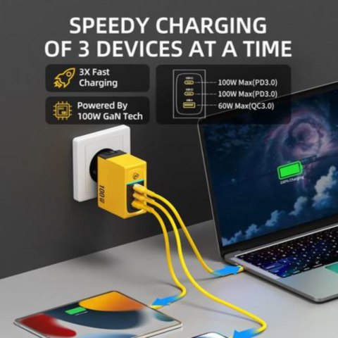 WEKOME WP-U155 Tint Series - Ładowarka sieciowa 2x USB-C & USB-A Super Fast Charger GaN 100W (Żółty) Wekome WEKOME WP-U155 Tint Series - Ładowarka sieciowa 2x USB-C & USB-A Super Fast Charger GaN 100W (Żółty) Wekome