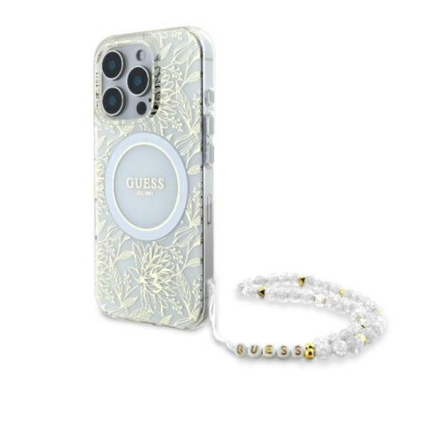 Guess IML Flowers Allover Electro With Pearl Strap MagSafe - Etui iPhone 16 Pro Max (biały) Guess