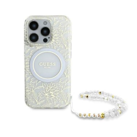 Guess IML Flowers Allover Electro With Pearl Strap MagSafe - Etui iPhone 16 Pro Max (biały) Guess Guess IML Flowers Allover Electro With Pearl Strap MagSafe - Etui iPhone 16 Pro Max (biały) Guess