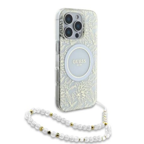 Guess IML Flowers Allover Electro With Pearl Strap MagSafe - Etui iPhone 16 Pro Max (biały) Guess Guess IML Flowers Allover Electro With Pearl Strap MagSafe - Etui iPhone 16 Pro Max (biały) Guess