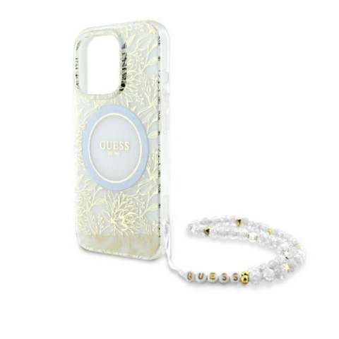 Guess IML Flowers Allover Electro With Pearl Strap MagSafe - Etui iPhone 16 Pro Max (biały) Guess Guess IML Flowers Allover Electro With Pearl Strap MagSafe - Etui iPhone 16 Pro Max (biały) Guess