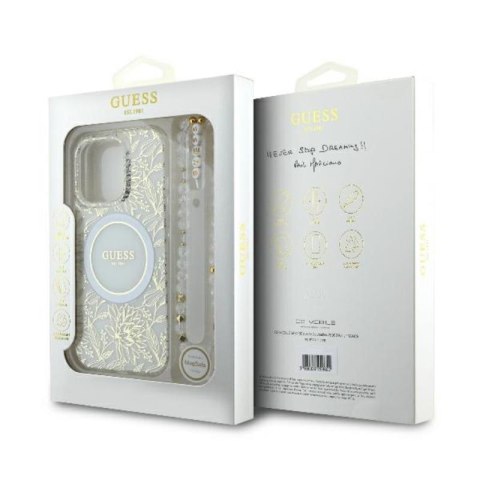Guess IML Flowers Allover Electro With Pearl Strap MagSafe - Etui iPhone 16 Pro Max (biały) Guess Guess IML Flowers Allover Electro With Pearl Strap MagSafe - Etui iPhone 16 Pro Max (biały) Guess