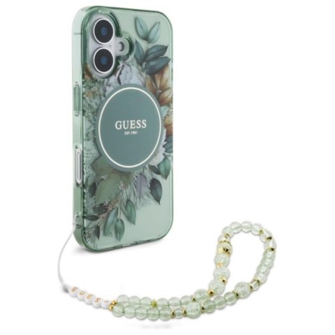 Guess IML Flowers With Pearl Strap MagSafe - Etui iPhone 16 (zielony) Guess Guess IML Flowers With Pearl Strap MagSafe - Etui iPhone 16 (zielony) Guess