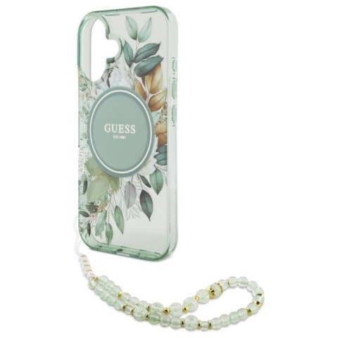 Guess IML Flowers With Pearl Strap MagSafe - Etui iPhone 16 (zielony) Guess Guess IML Flowers With Pearl Strap MagSafe - Etui iPhone 16 (zielony) Guess